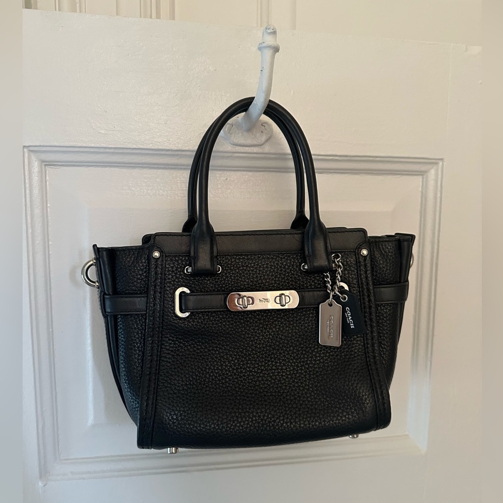 Coach Swagger Black Pebble Leather Crossbody Satchel Silver Hardware
